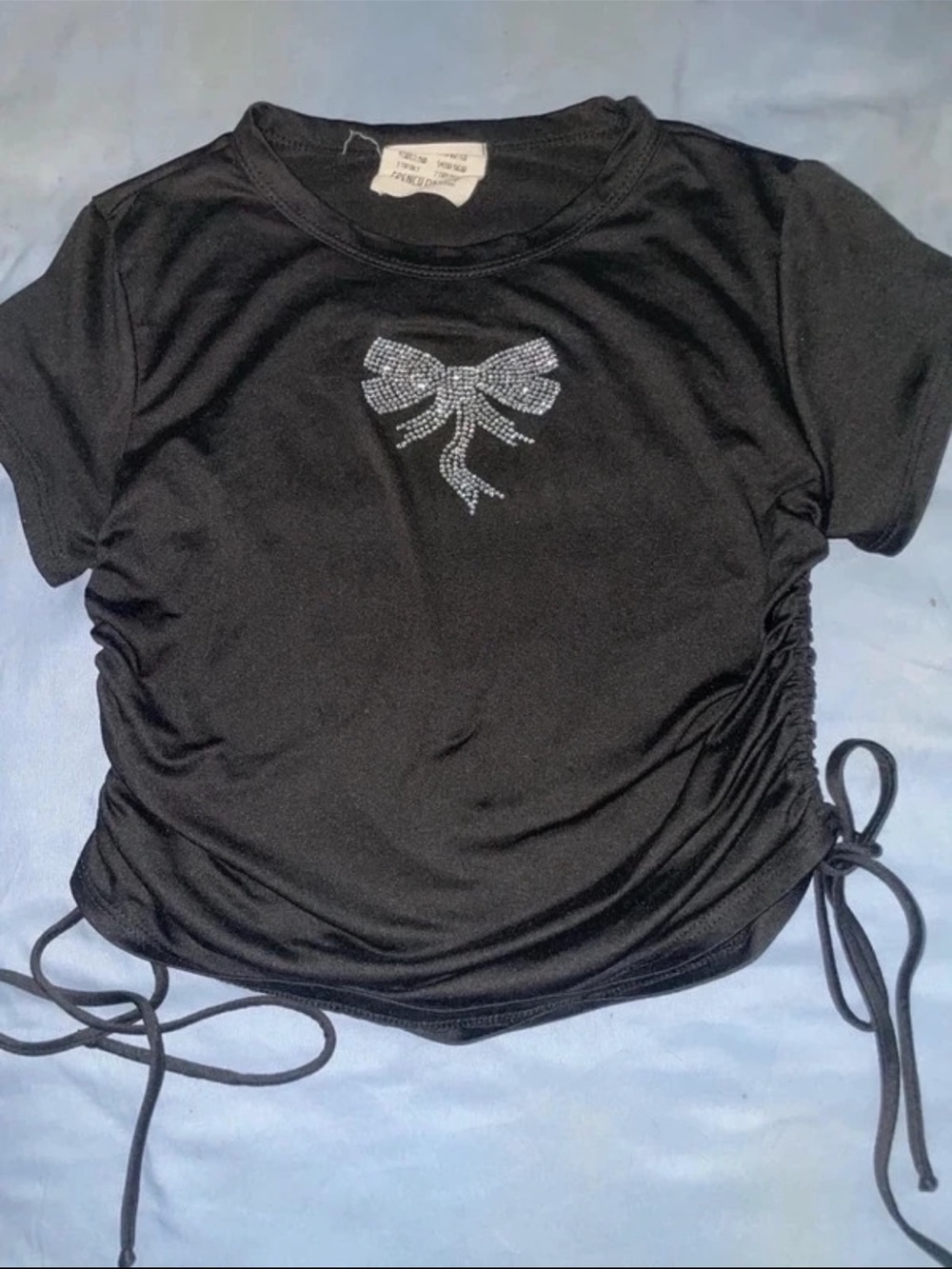 french pastry Black Short Sleeve Tee with Rhinestone Bow